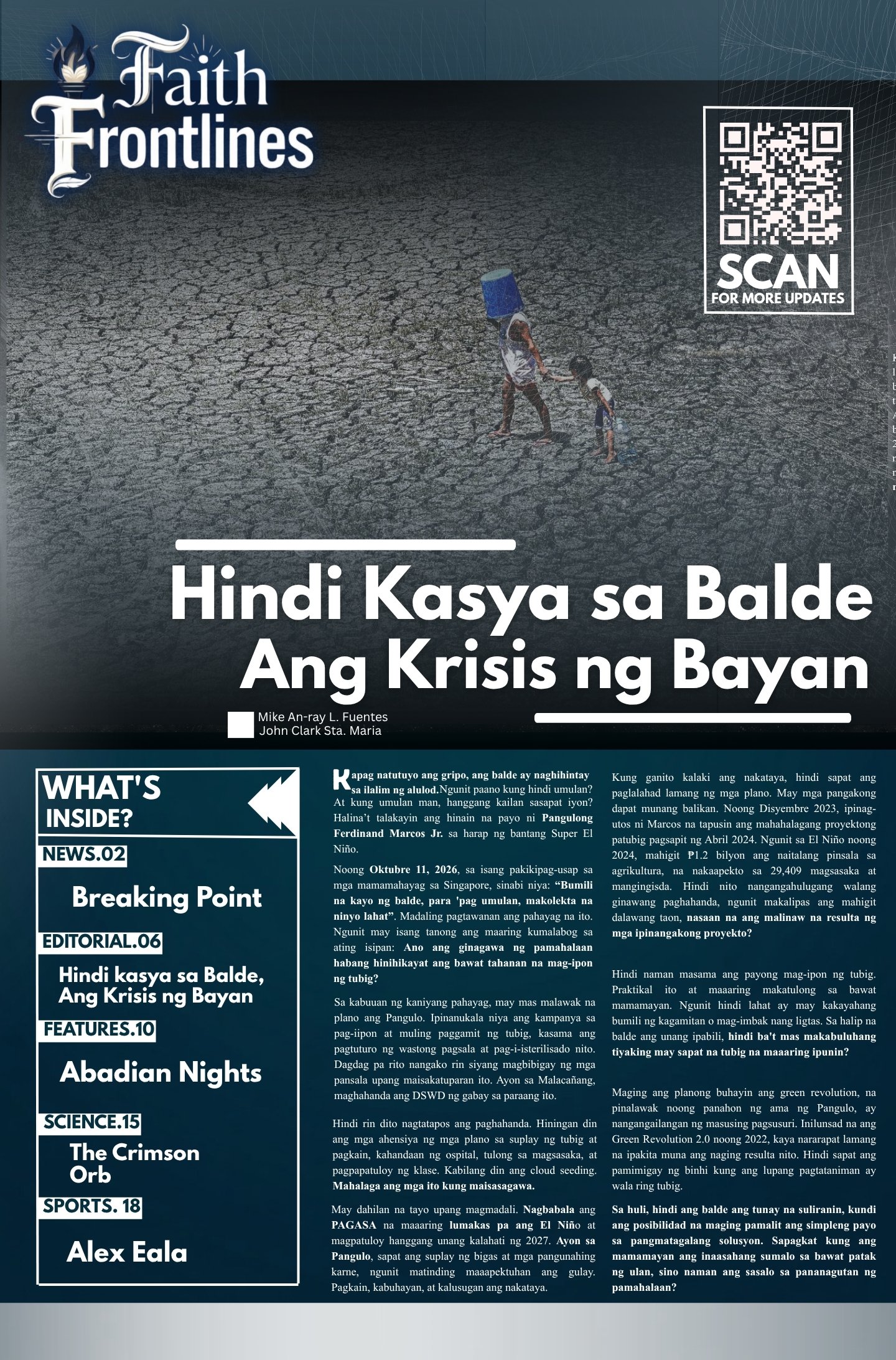Faith Frontlines, Editoryal 06: Hindi Kasya sa Balde, Ang Krisis ng Bayan (pahina ng pahayagan)